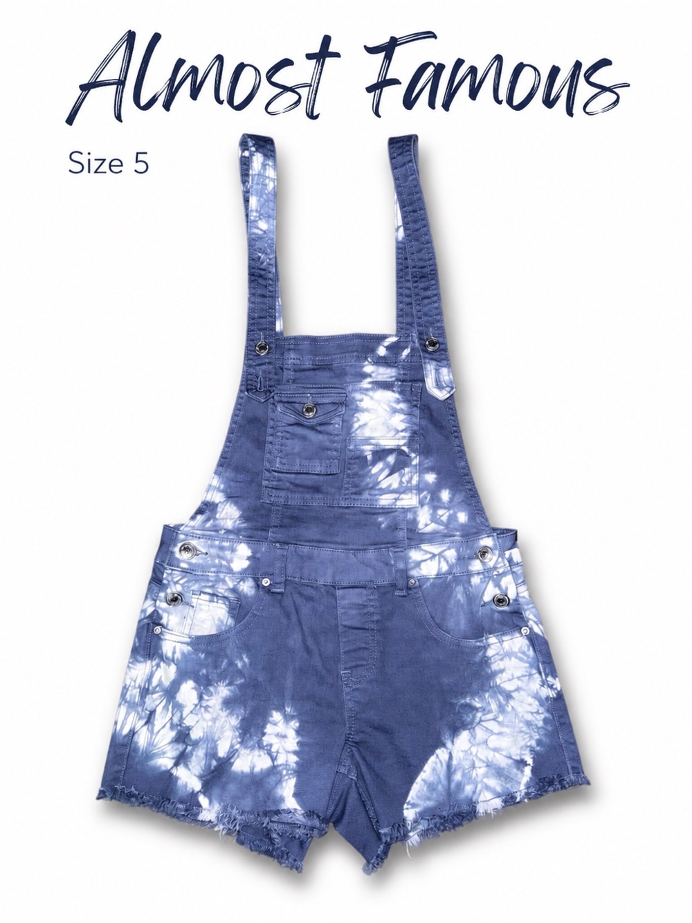 Almost Famous Womenās Tie-Dye Denim Short Overalls Size 5 Raw Hem